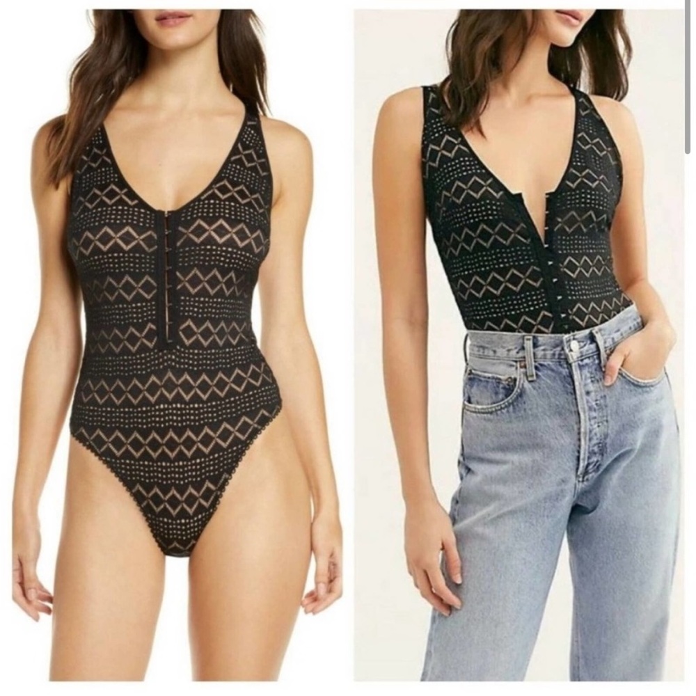 Free people thank you never bodysuit Geometric lace tank crisscross